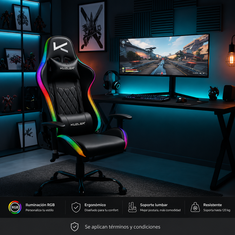 4 Silla Gamer Negra con Luces Led RGB Reclinación